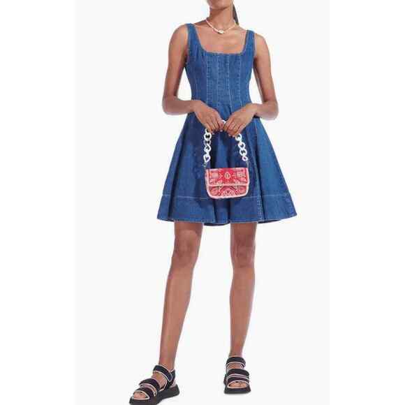 Staud Wells Mini Dress Medium Denim Wash Blue Corset Fit & Flare Skater Size 4